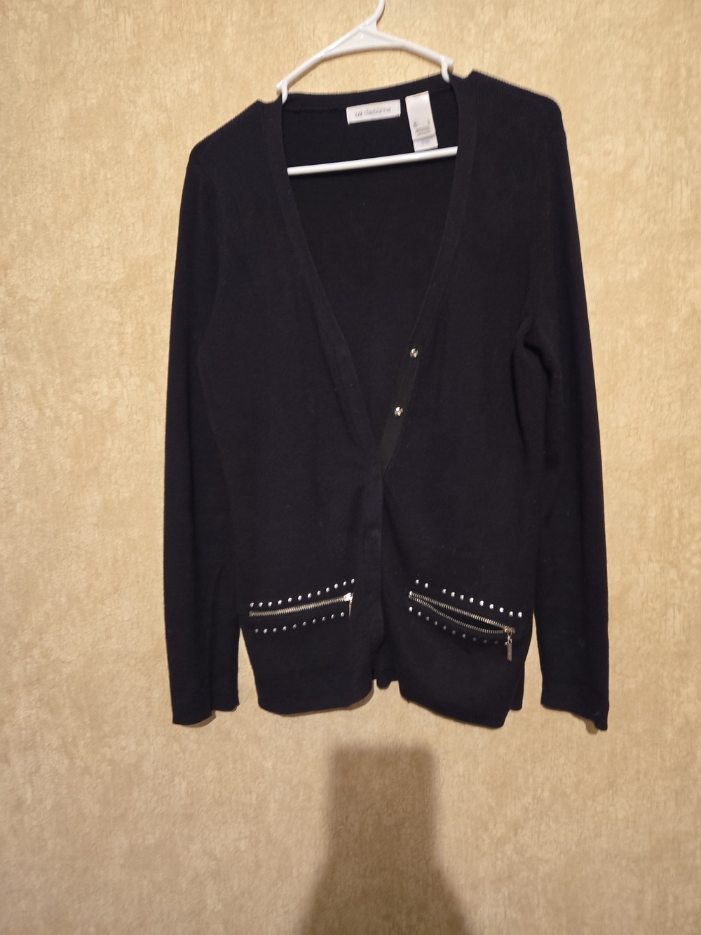 Liz Claiborne Black V-Neck Cardigan with Stud and Zip Pocket Detail